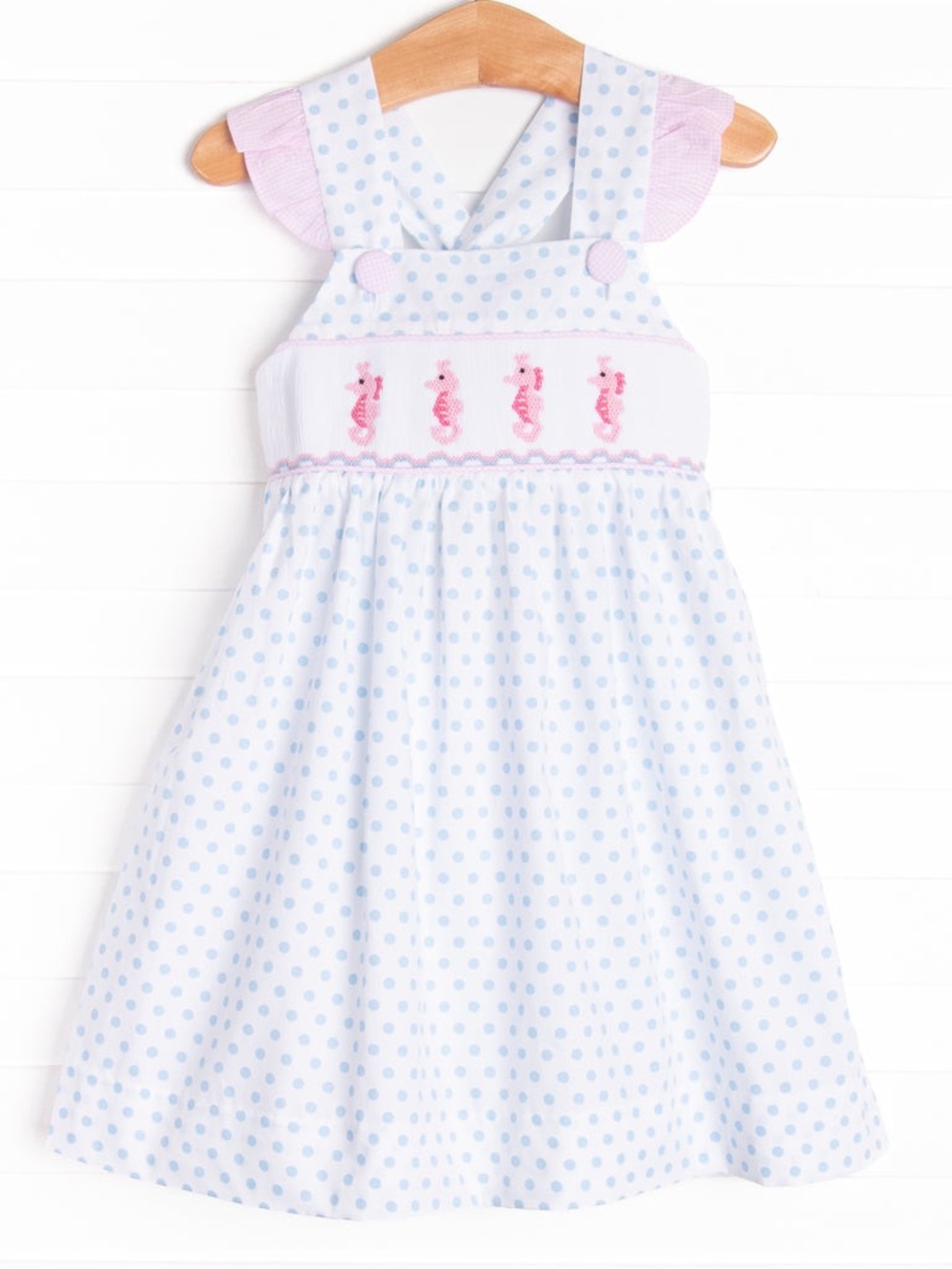 Girls White and Pink Polka Dot Smocked Dress with Seahorse Embroidery
